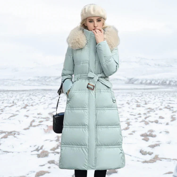Women's slim fit over knee jacket with fur collar and belt