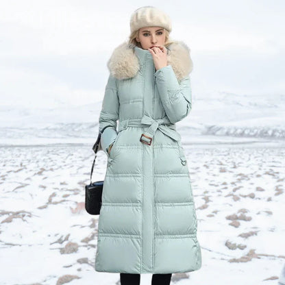 Women's slim fit over knee jacket with fur collar and belt