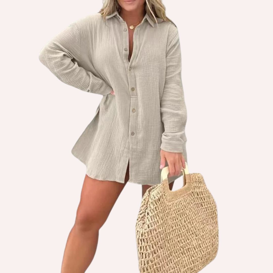 Women's Oversized Shirt Dress - Button Down - Long Sleeve - Lightweight Textured Fit