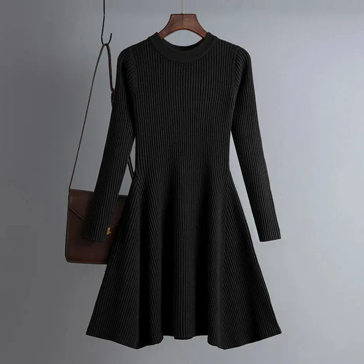 Women's Knitted Ribbed Mini Dress - Long Sleeve - Fitted A-Line Silhouette