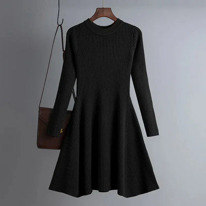 Women's Knitted Ribbed Mini Dress - Long Sleeve - Fitted A-Line Silhouette