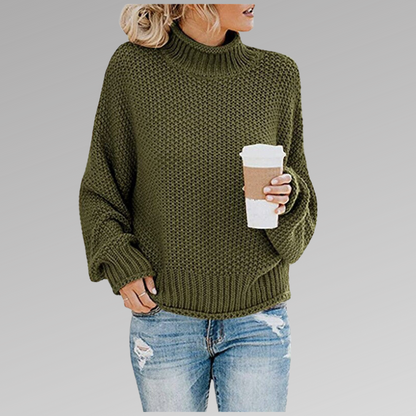 Women's Chunky Knit Sweater - Wool Blend - Oversized Fit - High Turtleneck Warm Pullover