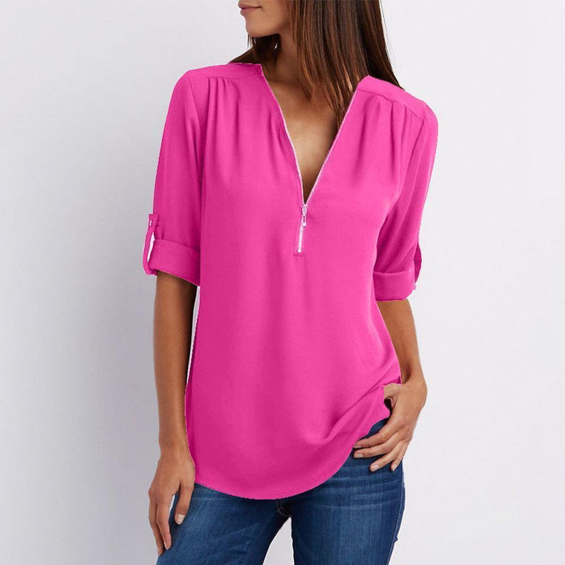 Flowy V-Neck Roll-Tab Sleeve Blouse