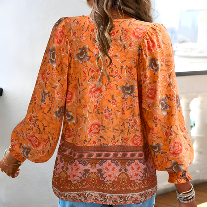 Women's floral tie v-neck long-sleeve top