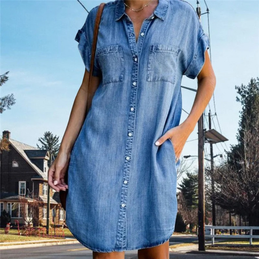 Relaxed Fit Button Down Denim Shirt Dress