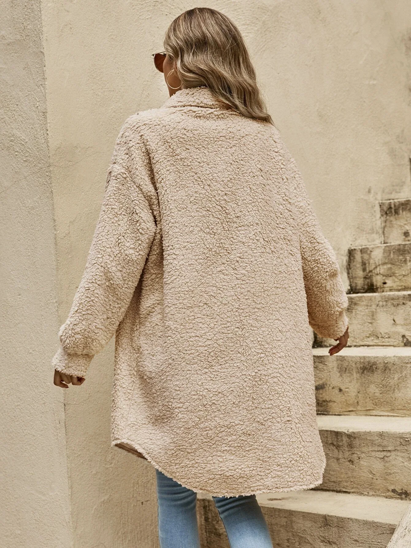 Women’s Teddy Coat - Sherpa Fleece - Oversized Fit - Button Front - Longline Casual Style