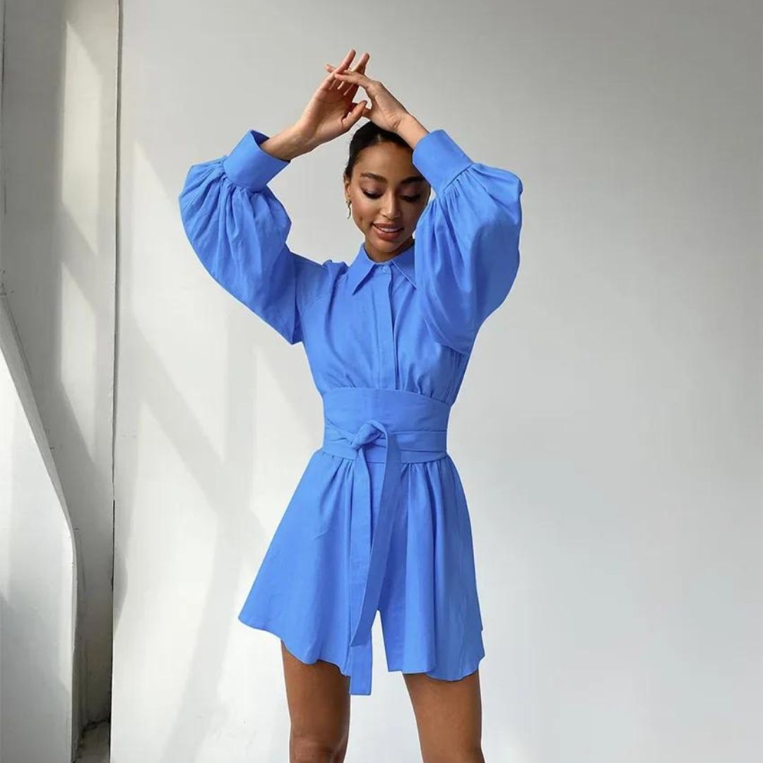 Women's Shirt Dress - Oversized Fit - Long Lantern Sleeves - Lightweight Cotton Blend