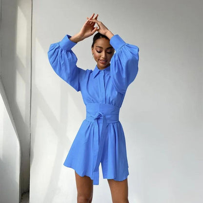 Women's Shirt Dress - Oversized Fit - Long Lantern Sleeves - Lightweight Cotton Blend