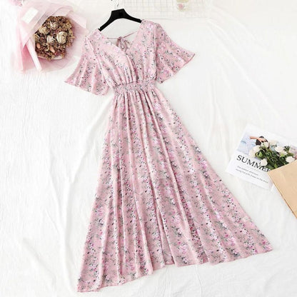 Women's Maxi Dress - Floral Print - V-Neck Cinched Waist - Short Flutter Sleeves