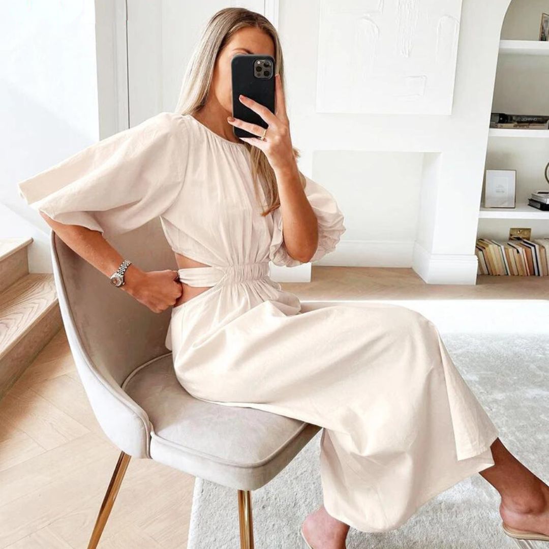Women's Midi Dress - Puff Sleeve - Cut-Out Waist - A-Line Flowy Silhouette