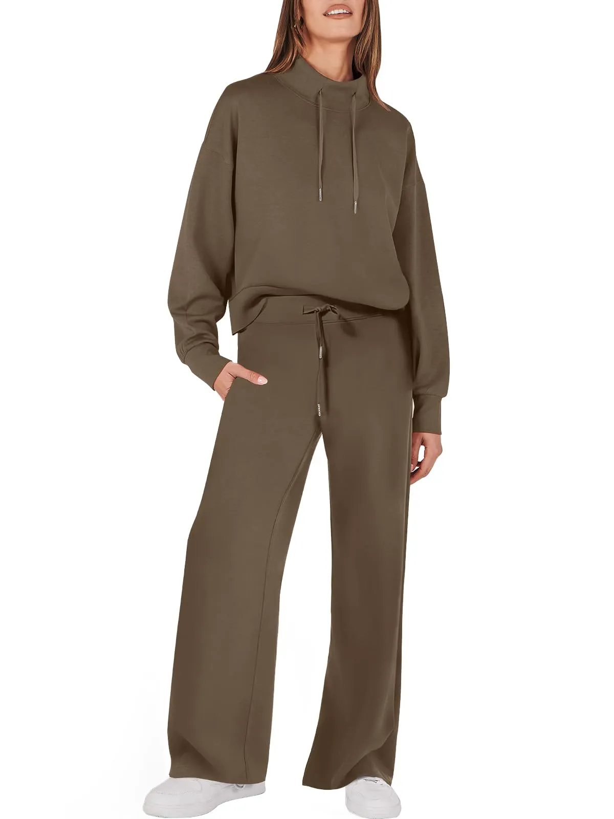 Women's chic mock drawstring sweatshirt and wide leg pants set
