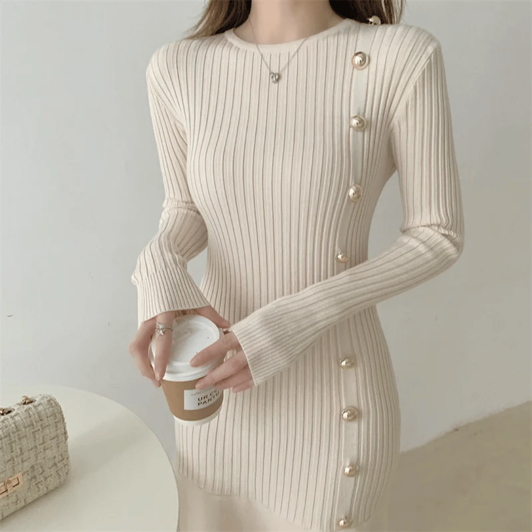 Fitted Rib-Knit Button Detail Mermaid Dress