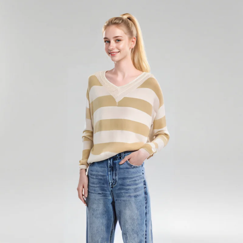 Trendy striped women's sweater with loose fit v-neck design