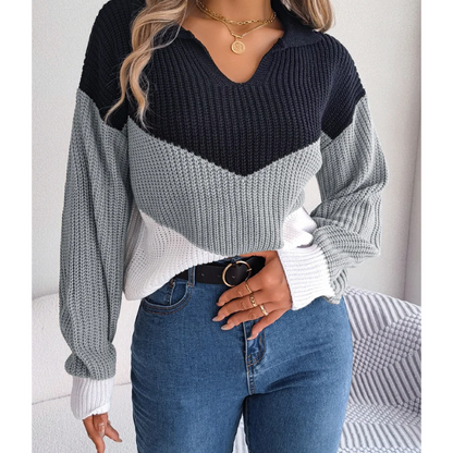 Women's contrast color lapel knitted pullover sweater