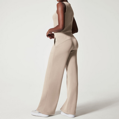 Women's Two-Piece Set - Sleeveless Fitted Top & Wide-Leg Pants - High Waist Adjustable Fit
