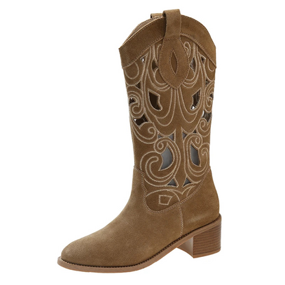 Women's stylish suede western cowboy boots with cut-outs