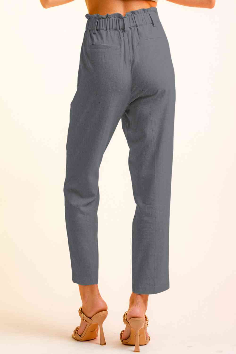 Women’s Cropped Pants – High Waist Paperbag Style – Button Detail – Tapered Fit Casual Wear