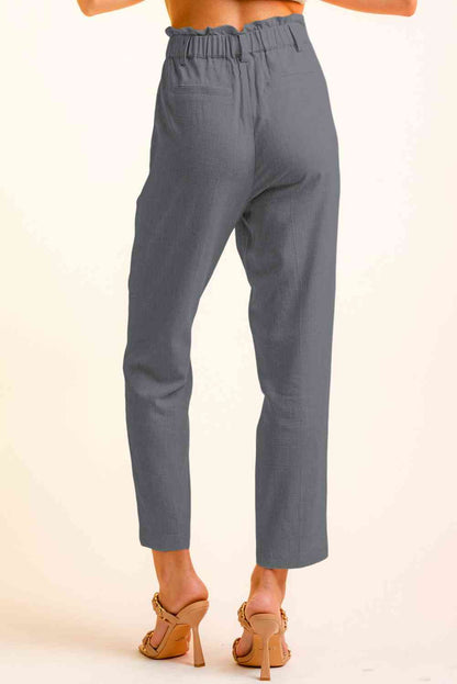 Women’s Cropped Pants – High Waist Paperbag Style – Button Detail – Tapered Fit Casual Wear