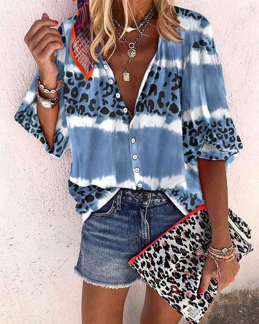 Striped Leopard Print Loose Fit Blouse