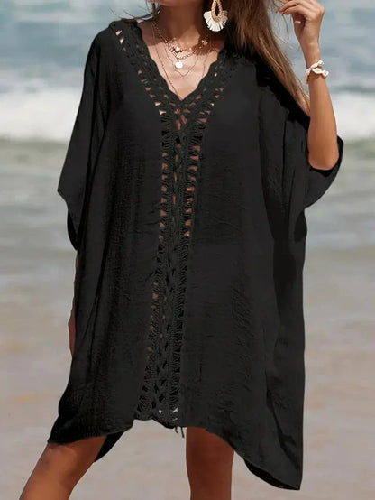 Women’s Kimono Cover-Up – Relaxed Fit – Natural Fibers – Lace Trim – Short Sleeve