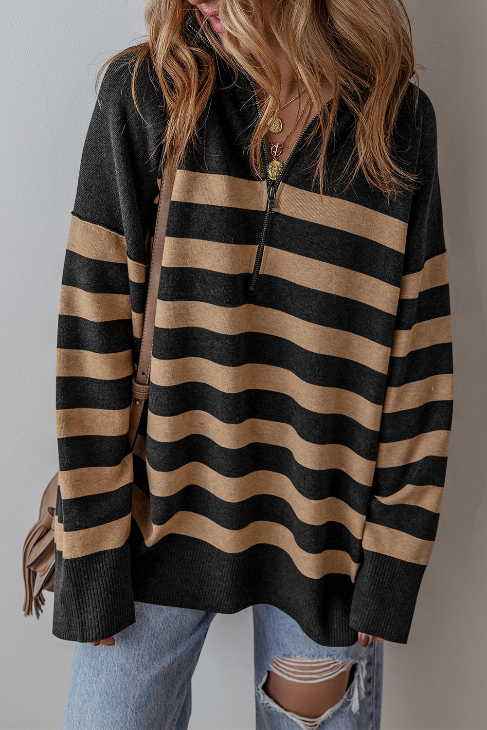 Trendy casual long-sleeved stripe pattern pullover sweater for women