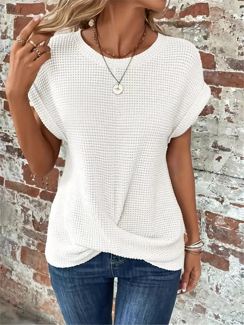 Women's Casual Top - Waffle Knit - Short Sleeve Rolled Cuff - Round Neck Relaxed Fit