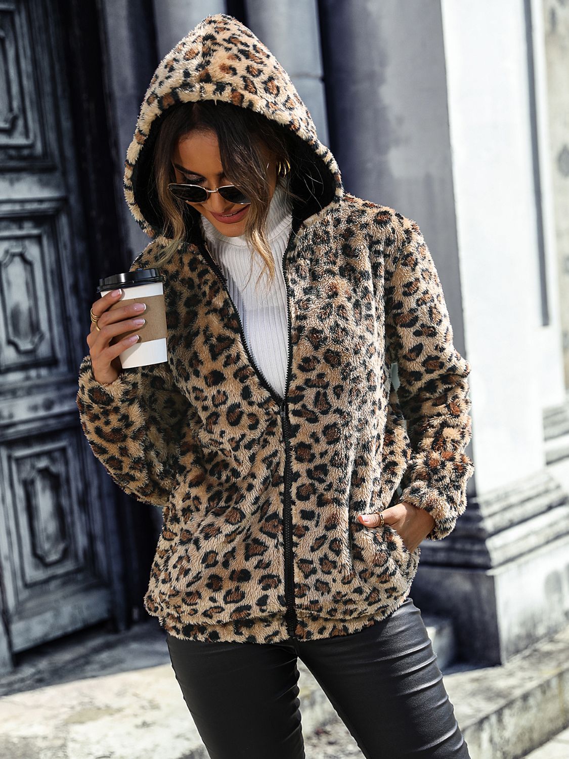 Womens leopard print zip-up hoodie