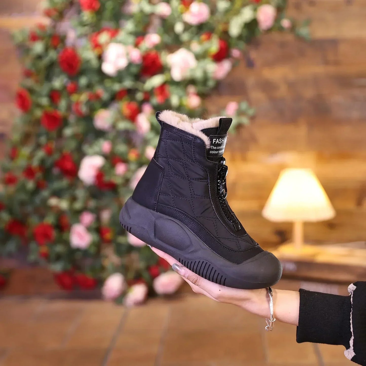 Women's retro waterproof snow boots with front zipper