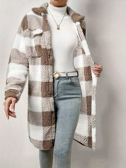 women's long checkered teddy jacket with buttons