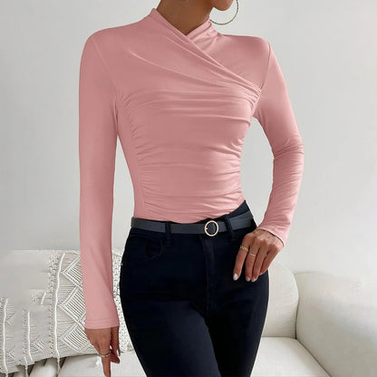 Women's Wrap Top - Long Sleeve Fitted Design - Elegant Draped Front