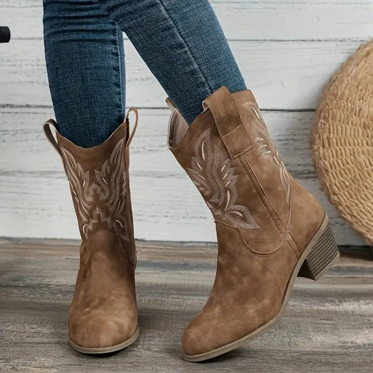 Embroidered Block Heel Vintage Cowboy Boots