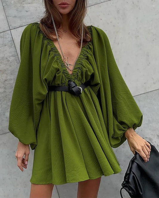 Ruched Front Belted V-Neck Mini Dress