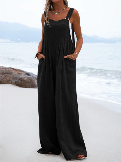 Women's Wide-Leg Jumpsuit - Breathable Fabric - Relaxed Fit - Button Straps & Pockets