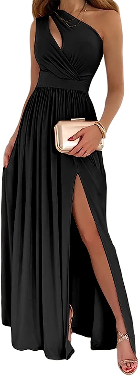Women's Evening Gown - One-Shoulder Elegant Design - Pleated Bodice - High Slit