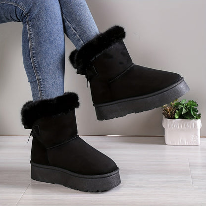 Women's stylish mid-top fleece and padded plush boots with bow knot