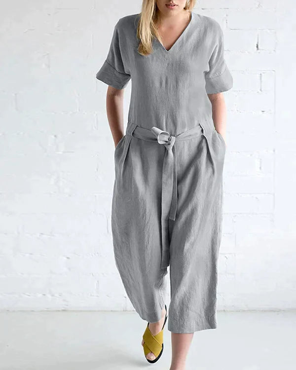 Women's Jumpsuit - V-Neck Short Sleeve - Tie Waist Loose Fit - Cropped Length Casual Wear