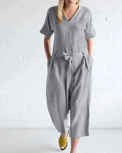 Women's Jumpsuit - V-Neck Short Sleeve - Tie Waist Loose Fit - Cropped Length Casual Wear