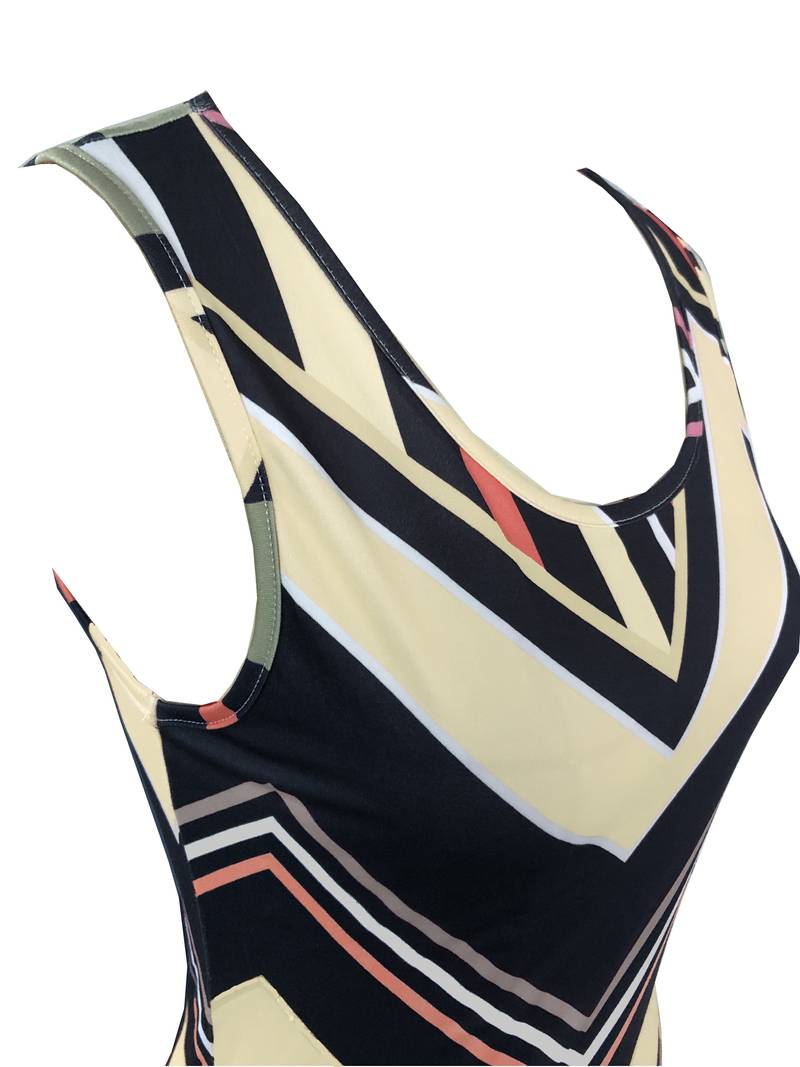 Women's Maxi Dress - Sleeveless Chevron & Stripe Pattern - Round Neck - Side Slit