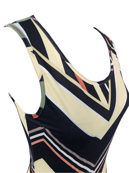 Women's Maxi Dress - Sleeveless Chevron & Stripe Pattern - Round Neck - Side Slit
