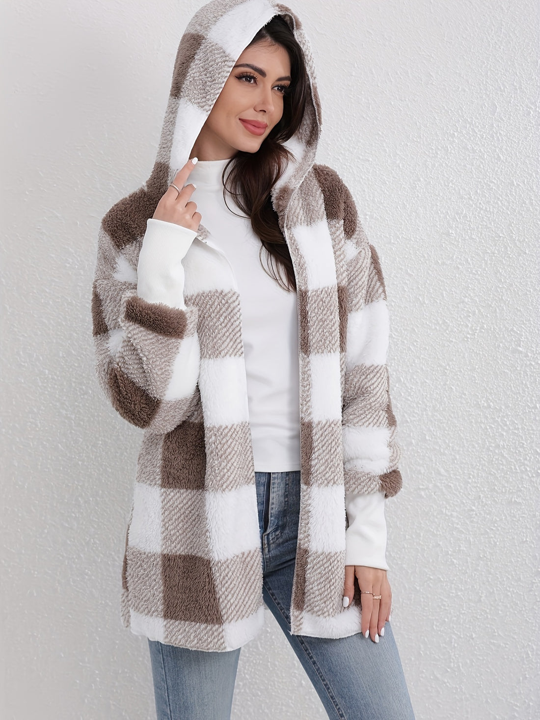 Plaid hooded open-front long-sleeve cozy jacket for women