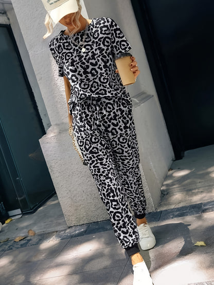 Leopard print two-piece set with casual top and drawstring pants for women