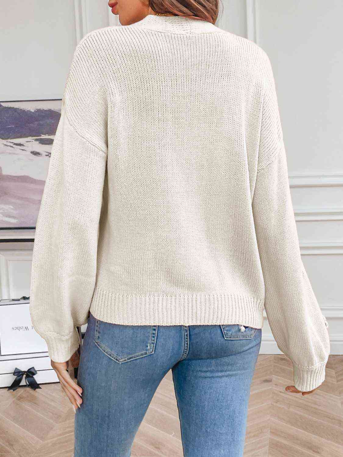 Women's Knit Cardigan - Long Sleeve - Floral Appliqué - Cropped Relaxed Fit