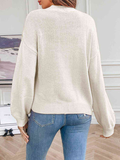 Women's Knit Cardigan - Long Sleeve - Floral Appliqué - Cropped Relaxed Fit