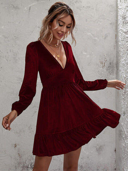 Women's Dress - Soft Luxe Fabric - Deep V-Neck - Long Balloon Sleeves - Ruffled Hem