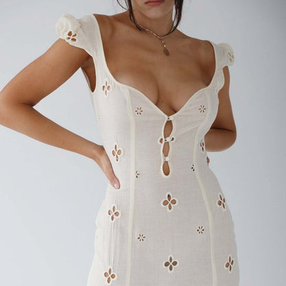 Women’s Midi Dress – Fitted Silhouette – Embroidered Cut-Outs – V-Neck – Cap Sleeves