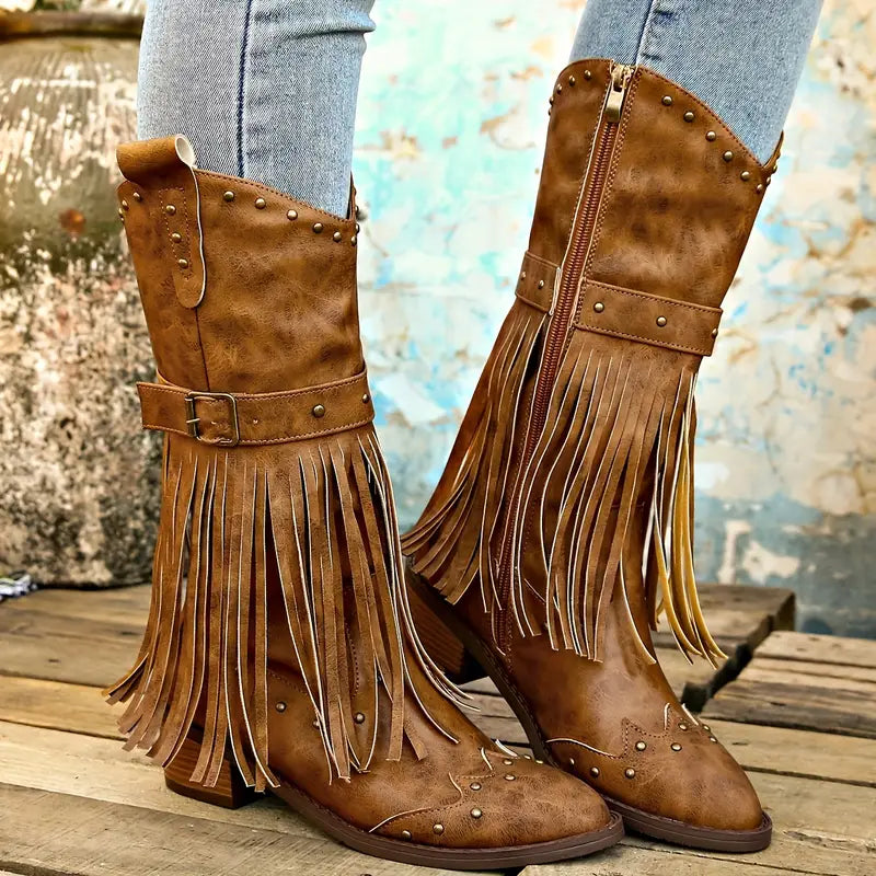 Women's vintage cowboy boots with tassel