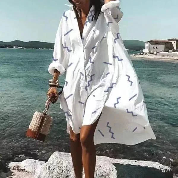 Women’s Shirt Dress - Loose Fit - Long Sleeve Button Down - Casual Beachwear
