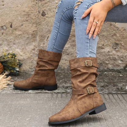 Women's retro charm slouchy buckle strap western ankle boots