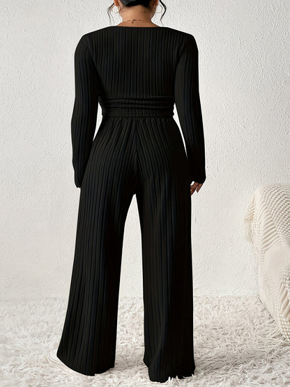 Two-piece ribbed crop top and wide-leg pants lounge set for women