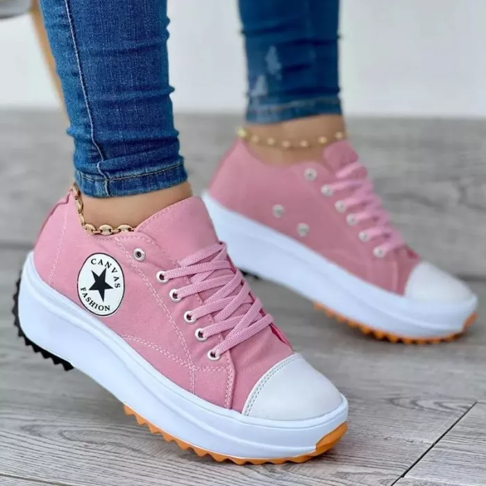 Women's Platform Sneakers - Canvas Upper - Lace-Up - Thick Cushioned Sole - Low-Top